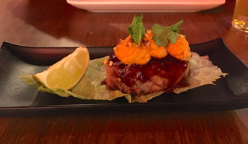 Pork belly lettuce wrap taco Smoke and Roll Valencia