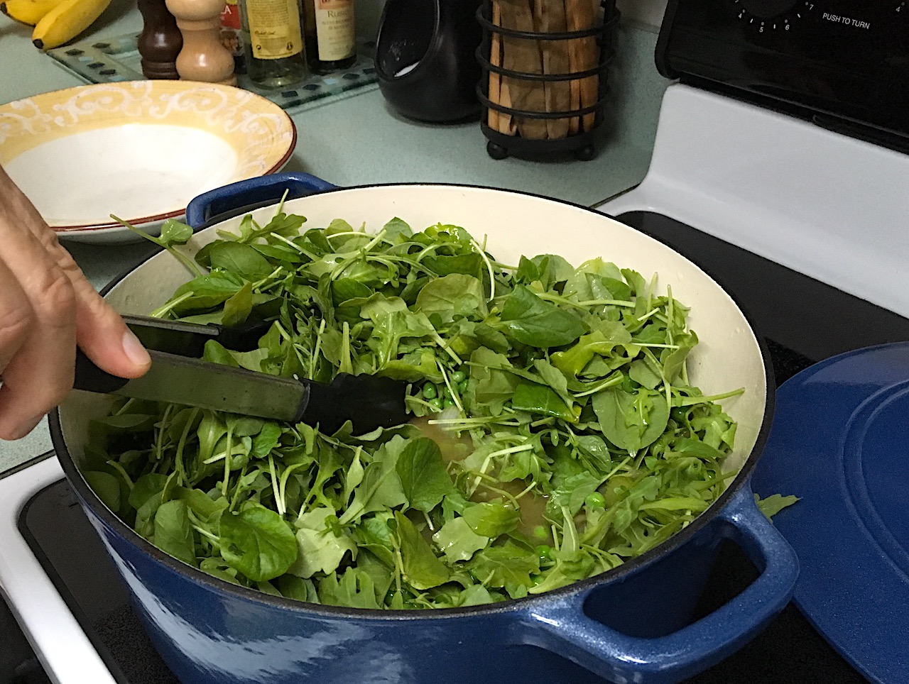 adding greens to pea soup